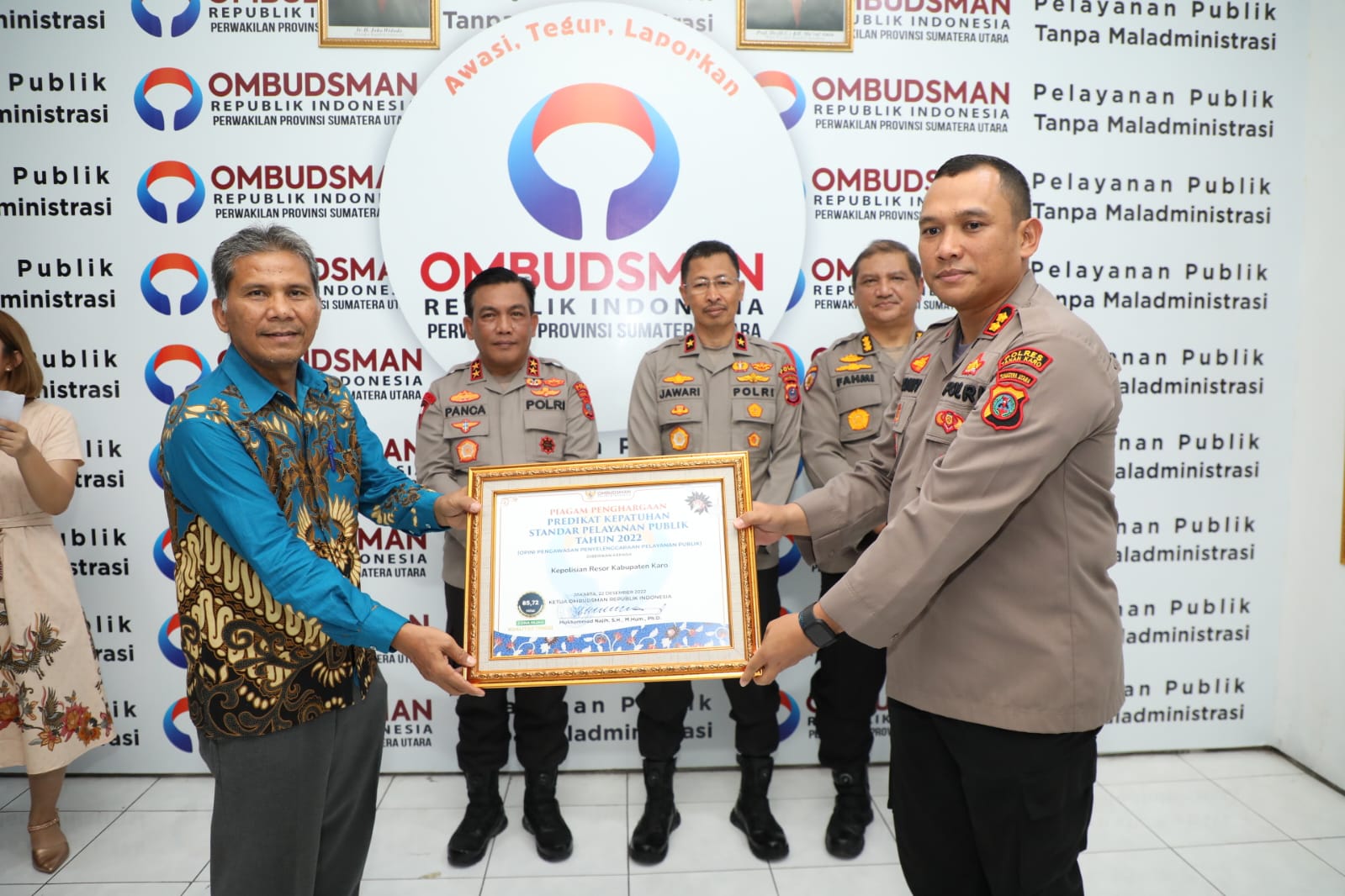 Polres Tanah Karo Terima Penghargaan dari Ombudsman RI