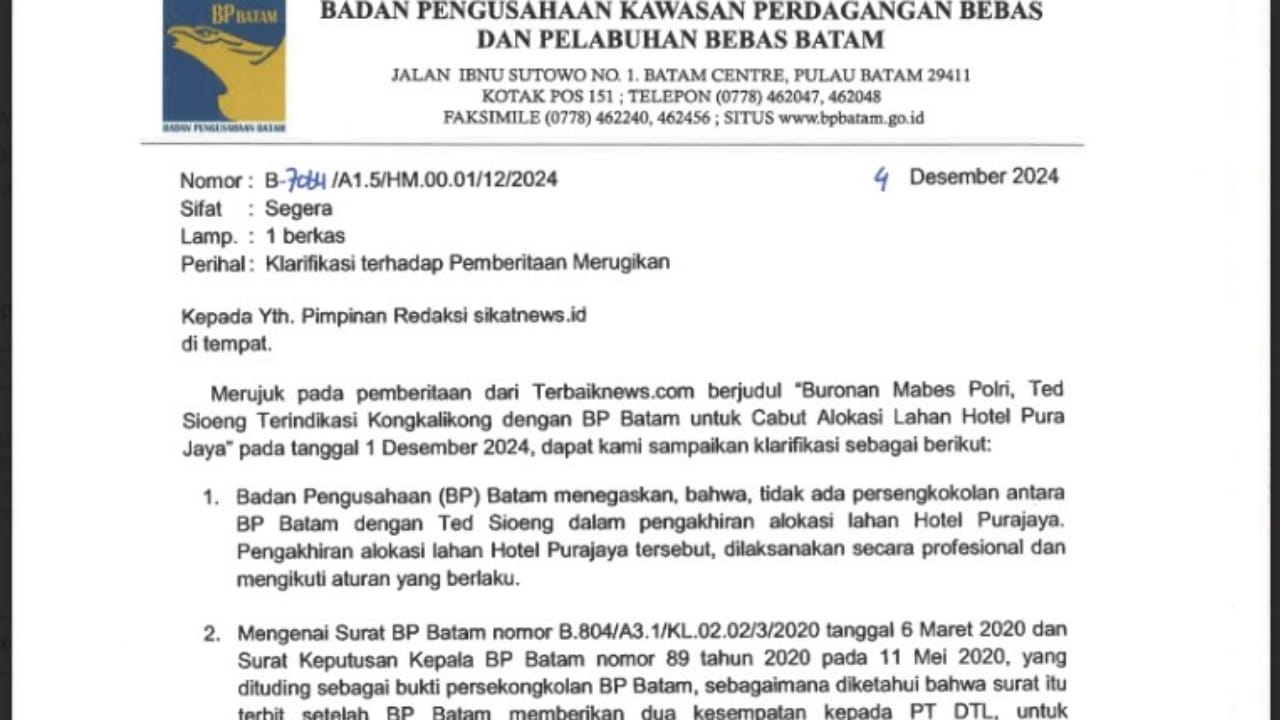 Klarifikasi Terkait Buronan Mabes Polri Ted Sioeng Terindikasi Kongkalikong dengan BP Batam untuk Cabut Alokasi Lahan Hotel Pura Jaya