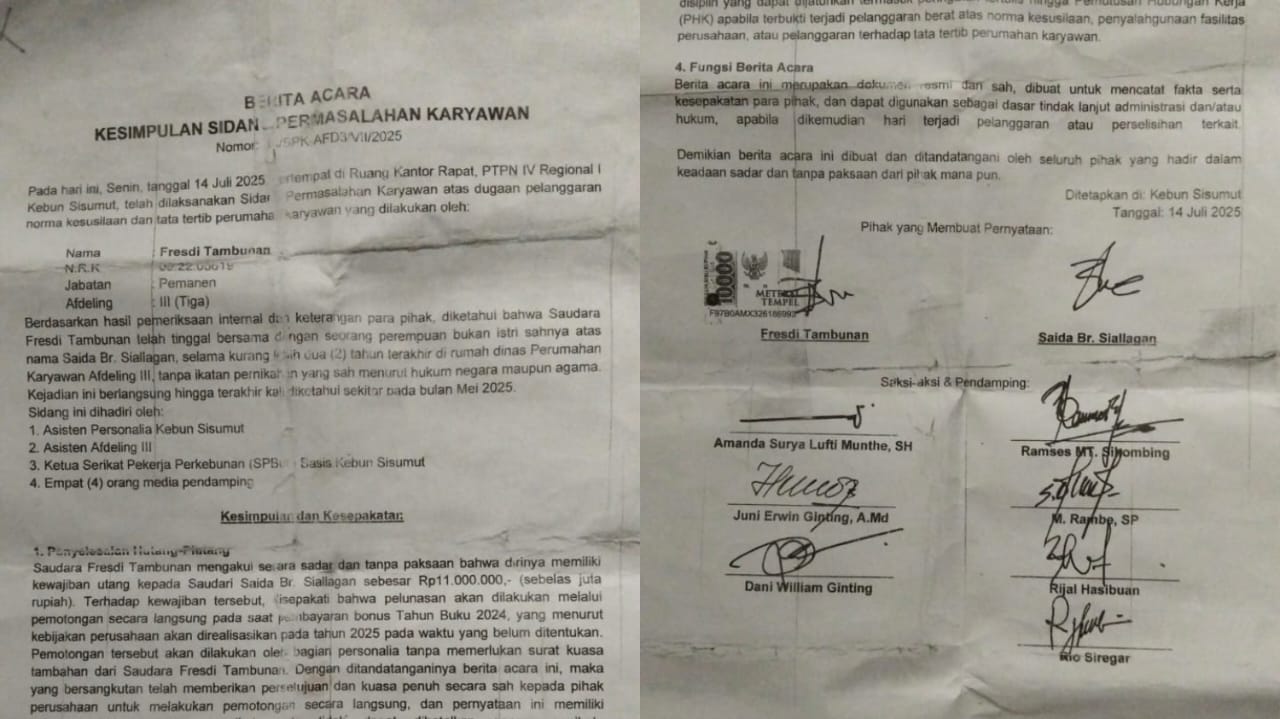 Ditanya Soal Kesepakatan Pembayaran Utang, Asisten Personalia PTP Nusantara IV Regional1 Kebun Sisumut Justru Bersikap Arogan